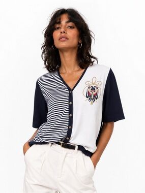 Susan Christopher Nautical Sailor Stripe Embroidered Colorblock Top M